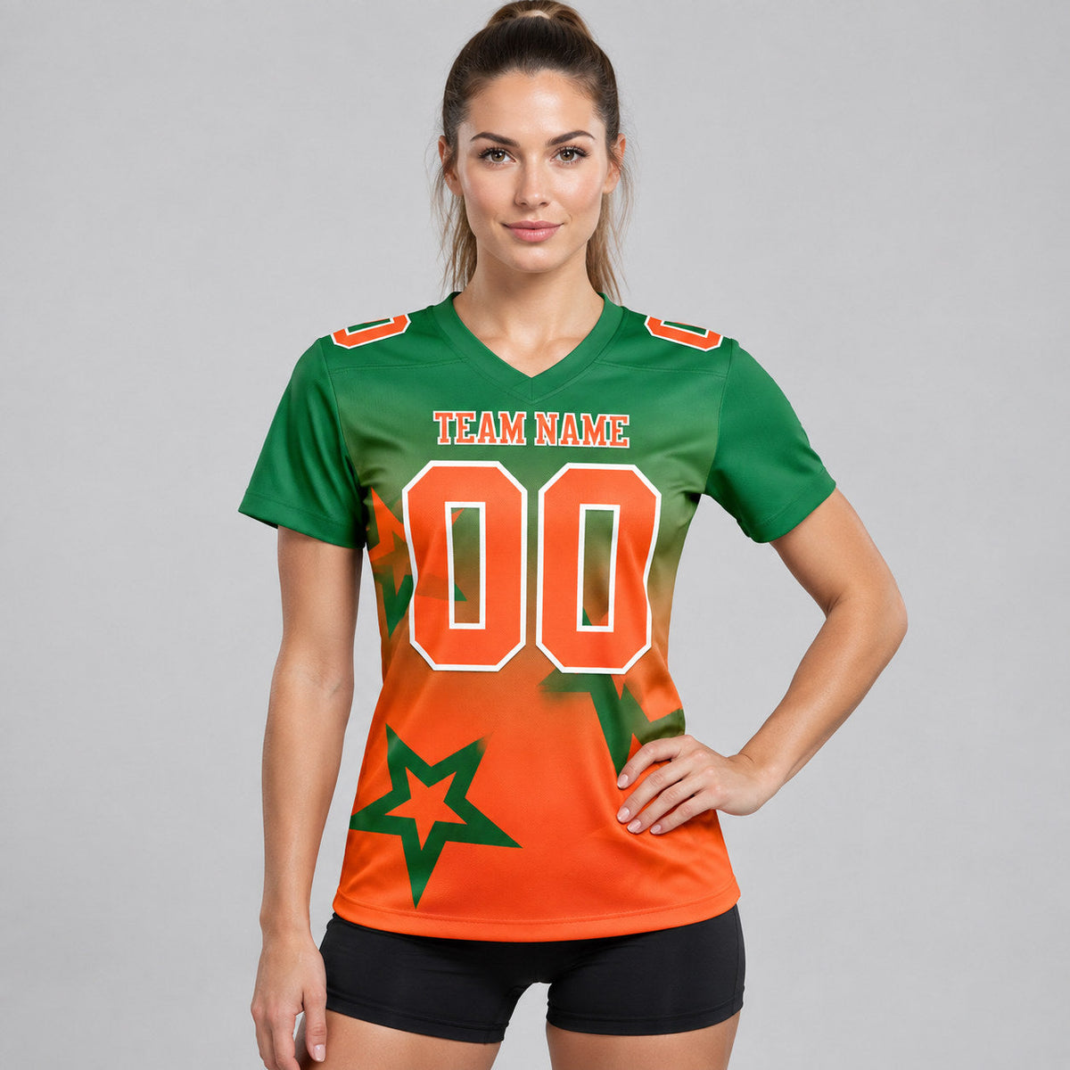 Custom Kelly Green Gradient Twinkle Star Authentic Football Jersey with Orange and White Lettering worn by female model