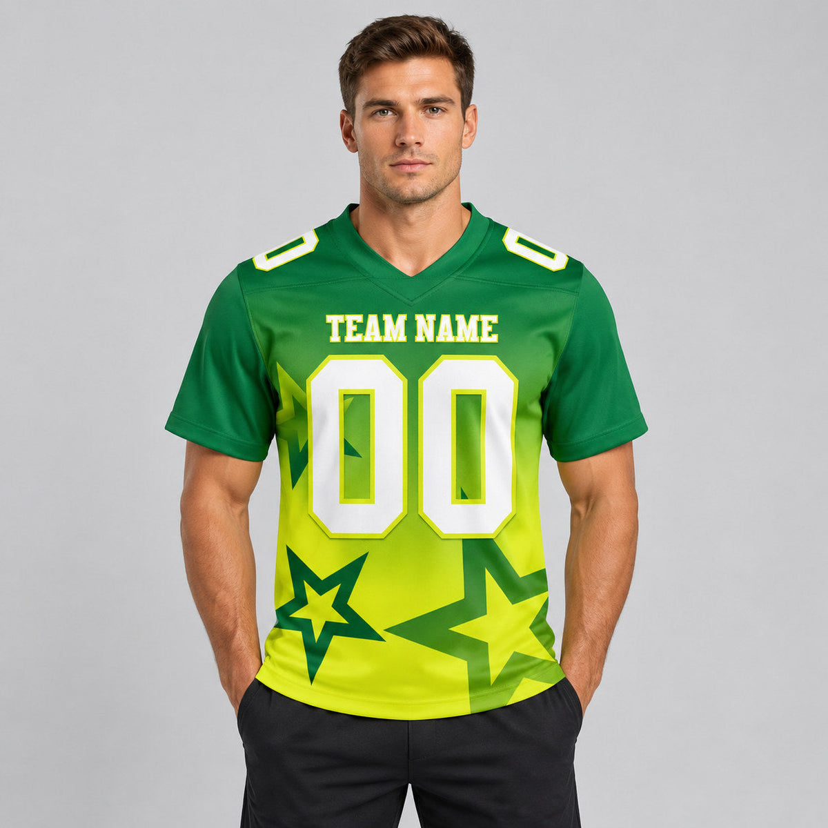 Custom Kelly Green Gradient Twinkle Star Football Jersey with White and Neon Yellow Lettering worn by male model
