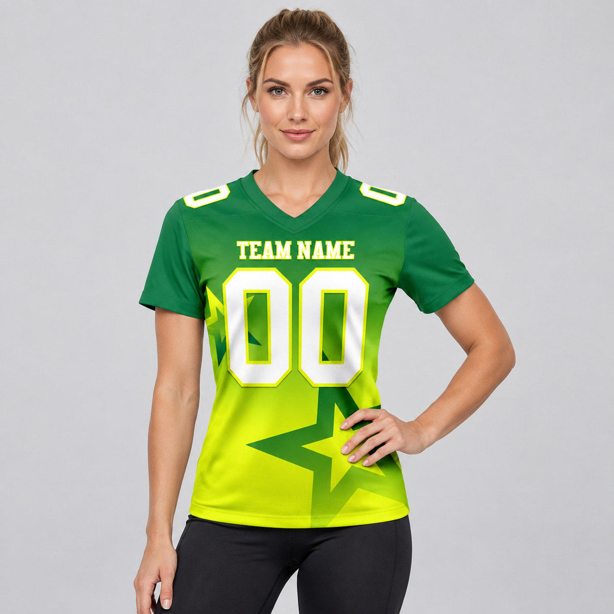 Custom Kelly Green Gradient Twinkle Star Football Jersey with White and Neon Yellow Lettering worn by female model