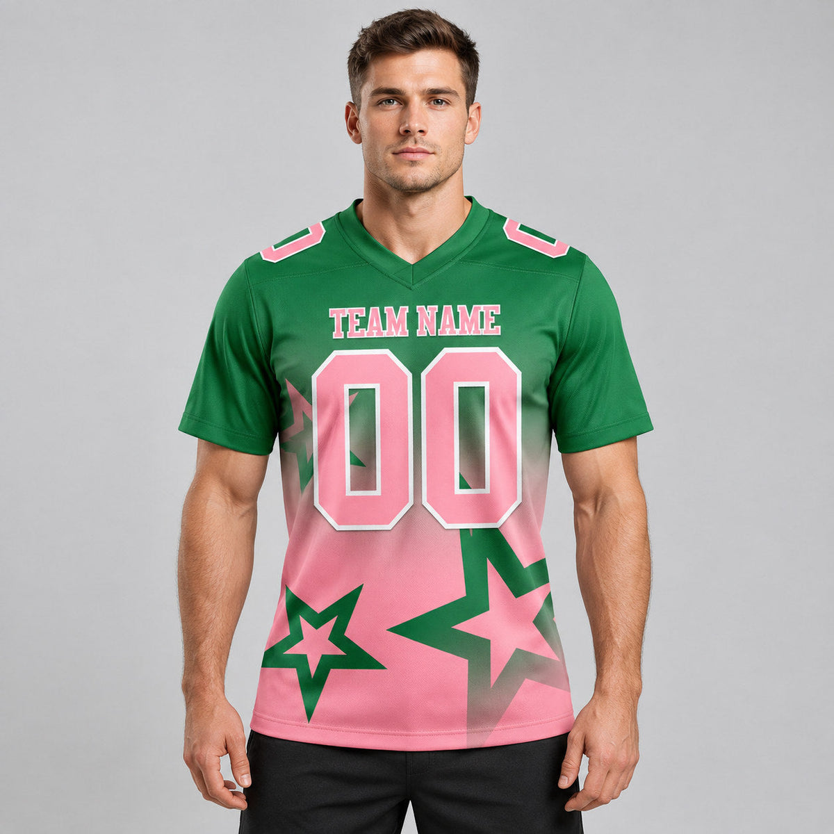 Custom Kelly Green Gradient Twinkle Star Football Jersey with Medium Pink and White Lettering worn by male model