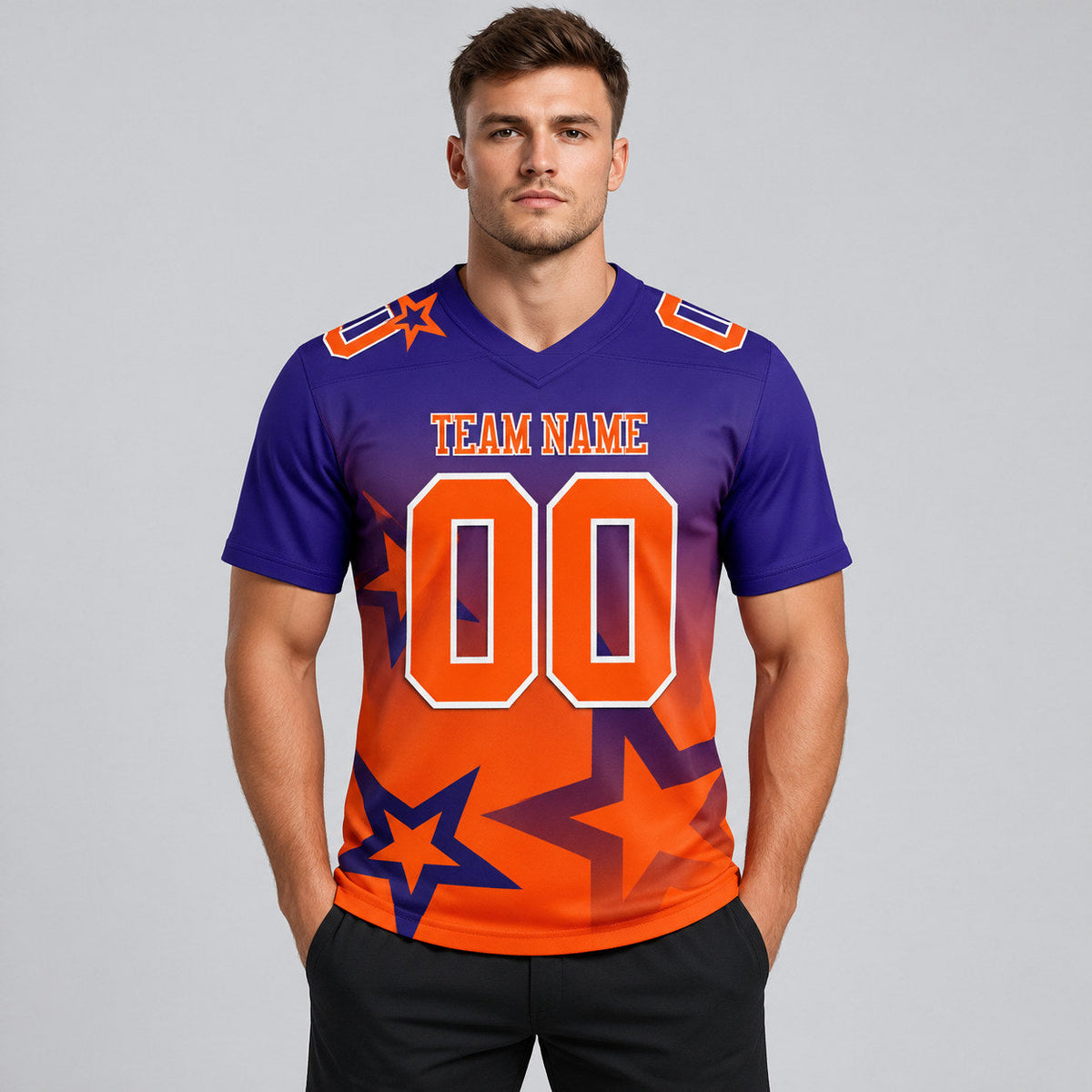 Custom Dark Purple Gradient Twinkle Star Authentic Football Jersey with Orange and White Lettering worn by male model