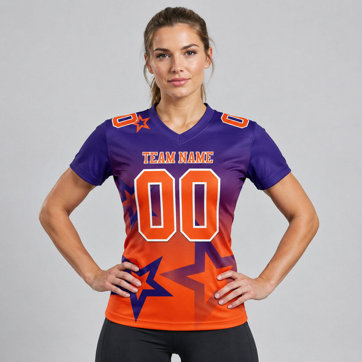Custom Dark Purple Gradient Twinkle Star Authentic Football Jersey with Orange and White Lettering worn by female model
