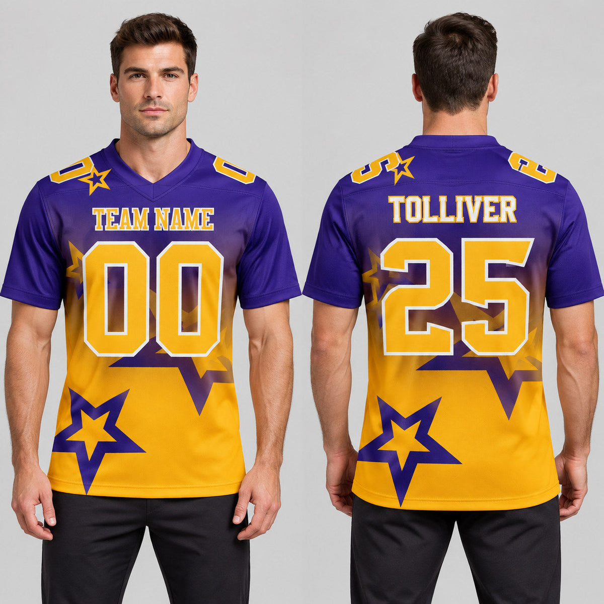Custom Dark Purple Gradient Twinkle Star Authentic Football Jersey with Gold and White Lettering worn by male model