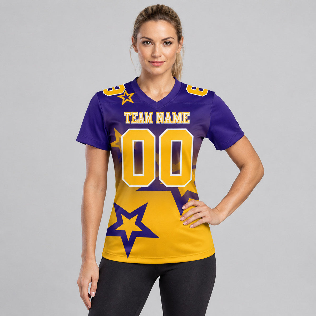 Custom Dark Purple Gradient Twinkle Star Authentic Football Jersey with Gold and White Lettering worn by female model
