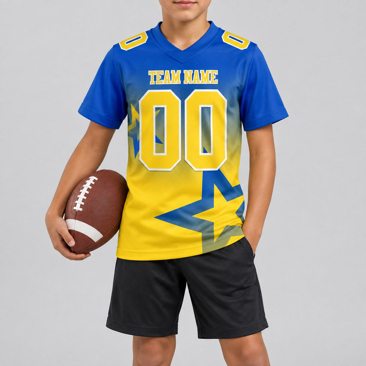 Custom Thunder Blue Gradient Twinkle Star Authentic Football Jersey with Yellow and White Lettering youth size worn by child model