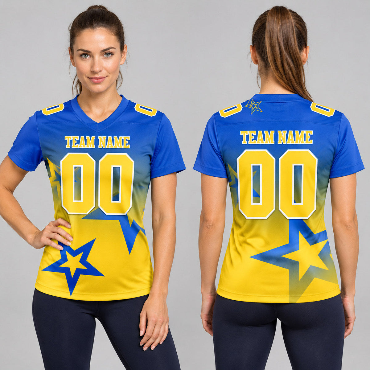 Custom Thunder Blue Gradient Twinkle Star Authentic Football Jersey with Yellow and White Lettering worn by female model