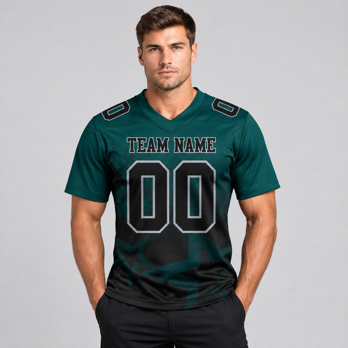 Custom Midnight Green Gradient Twinkle Star Authentic Football Jersey with Black and Gray Lettering worn by male model