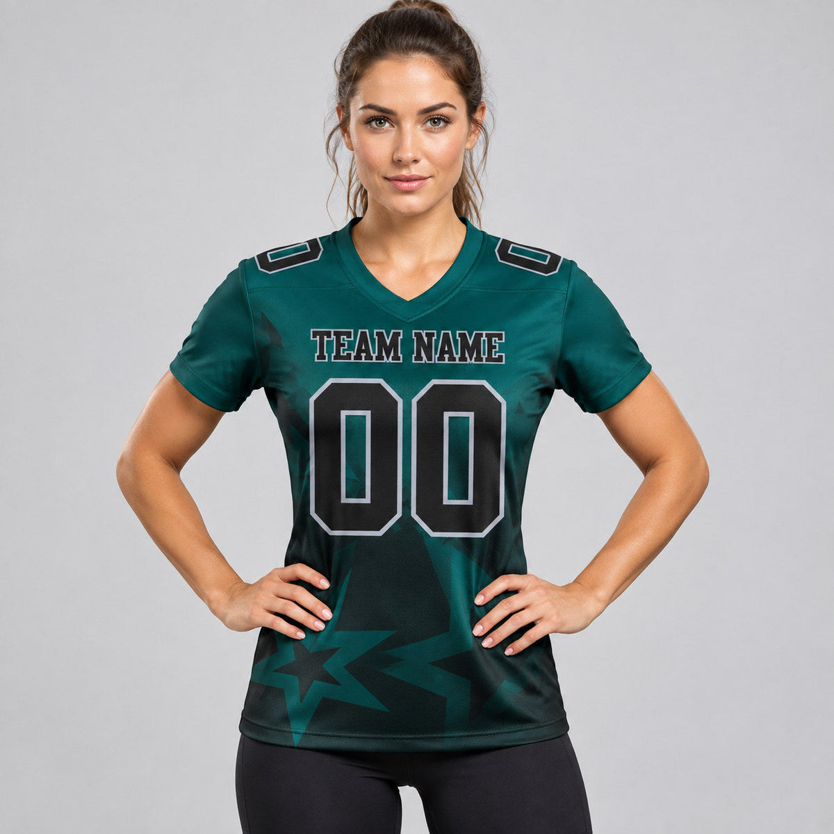 Custom Midnight Green Gradient Twinkle Star Authentic Football Jersey with Black and Gray Lettering worn by female model