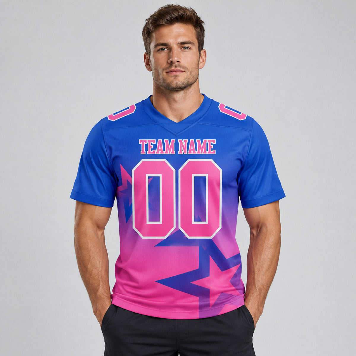 Custom Thunder Blue Gradient Twinkle Star Authentic Football Jersey with Pink and White Lettering worn by male model