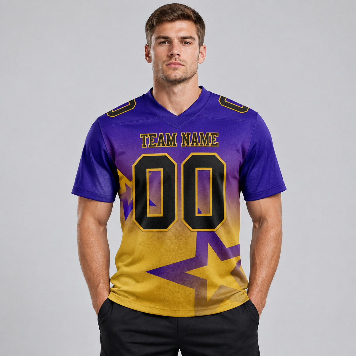 Custom Dark Purple Gradient Twinkle Star Authentic Football Jersey with Black and Old Gold Lettering worn by male model