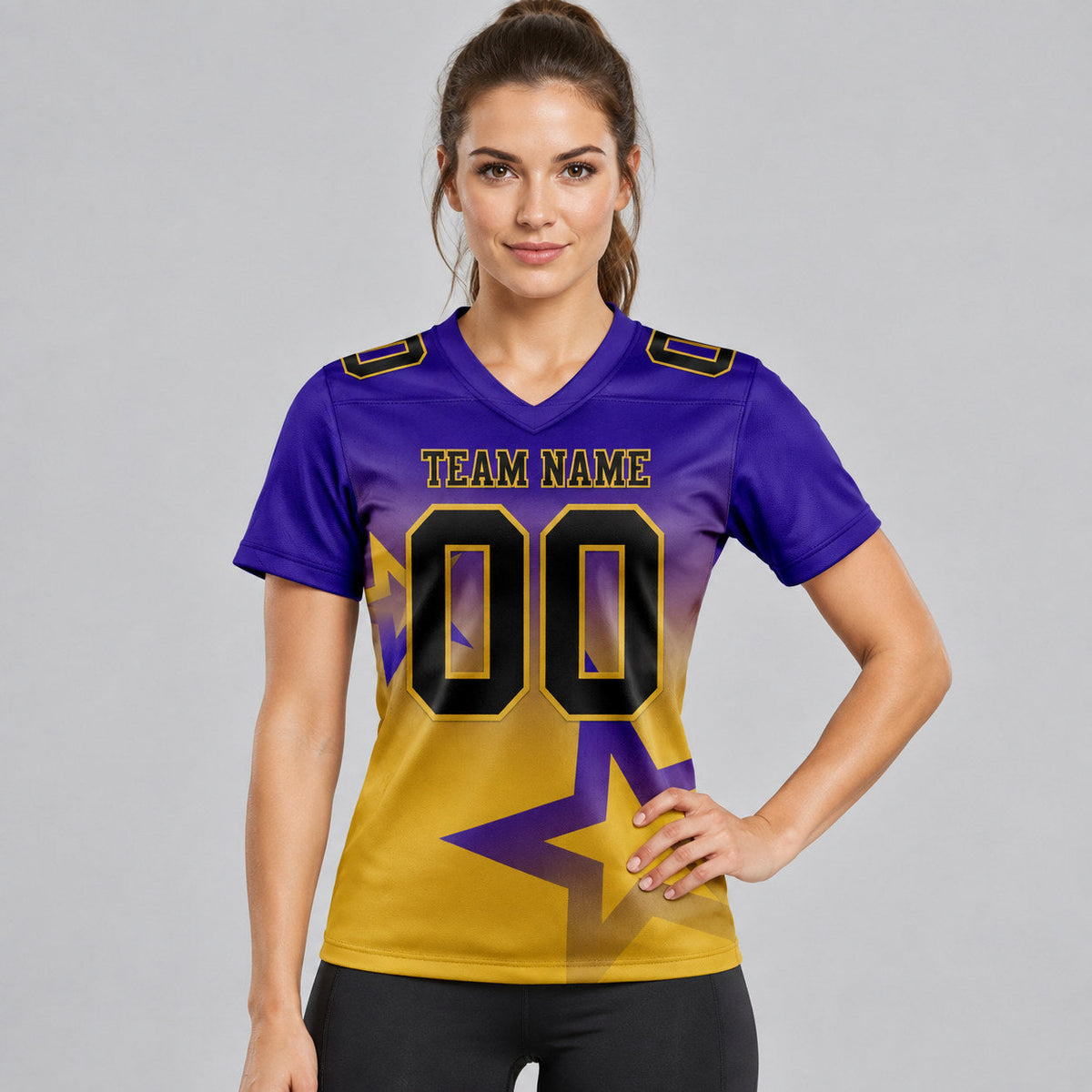 Custom Dark Purple Gradient Twinkle Star Authentic Football Jersey with Black and Old Gold Lettering worn by female model