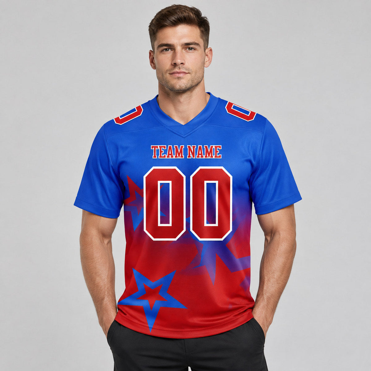 Custom Thunder Blue Gradient Twinkle Star Authentic Football Jersey with Red and White Lettering worn by male model