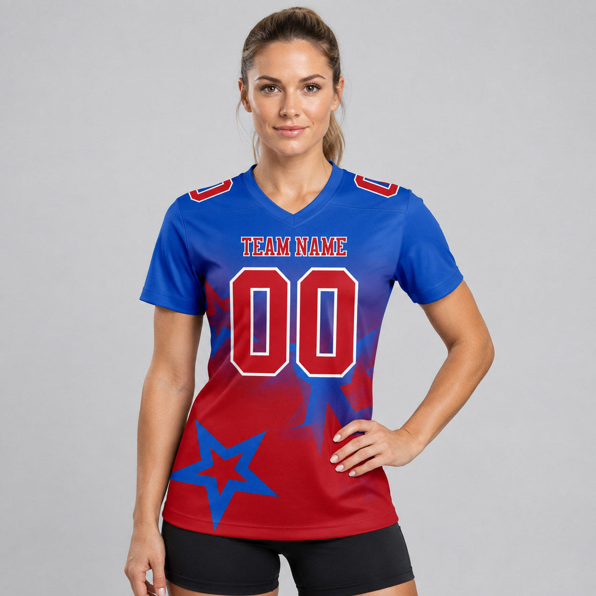 Custom Thunder Blue Gradient Twinkle Star Authentic Football Jersey with Red and White Lettering worn by female model