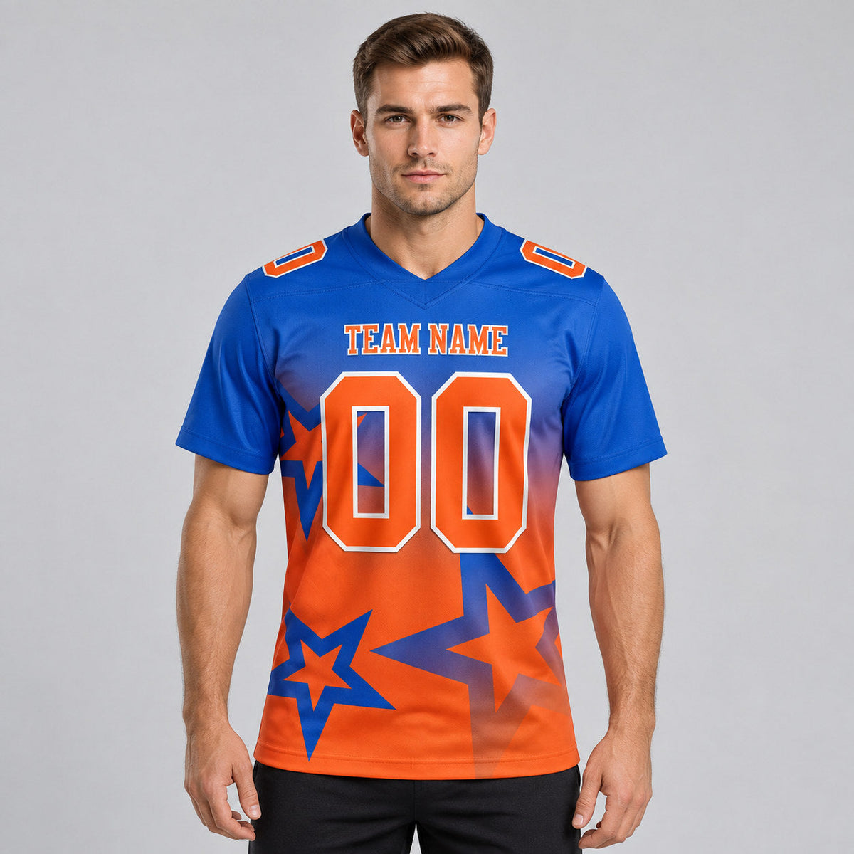 Custom Thunder Blue Gradient Twinkle Star Authentic Football Jersey with Orange and White Lettering worn by male model
