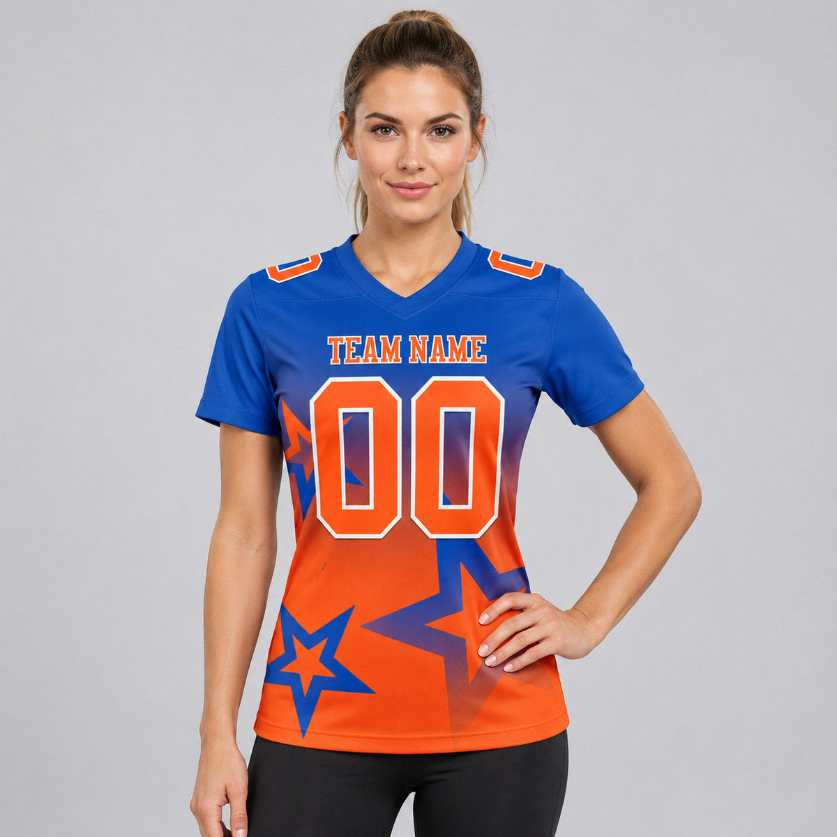 Custom Thunder Blue Gradient Twinkle Star Authentic Football Jersey with Orange and White Lettering worn by female model
