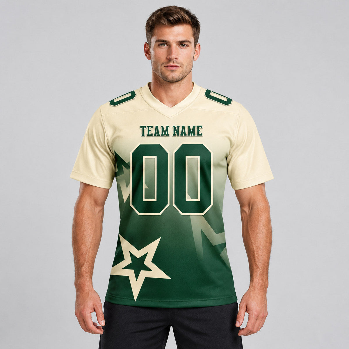 Custom Cream and Green Gradient Twinkle Star Authentic Football Jersey worn by male model