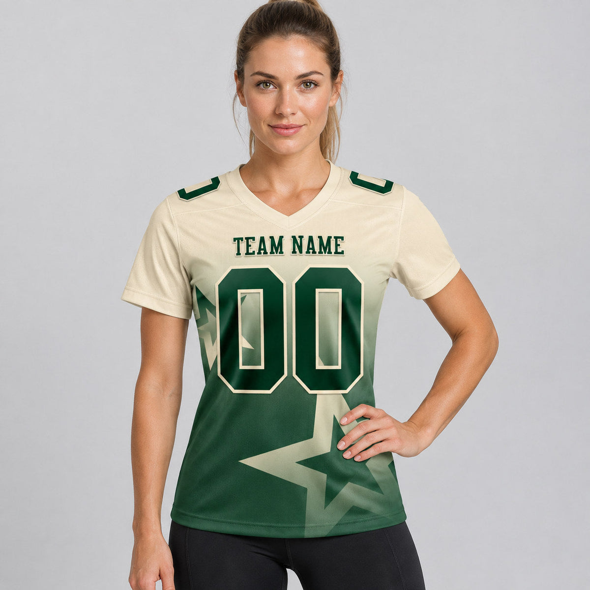 Custom Cream and Green Gradient Twinkle Star Authentic Football Jersey worn by female model