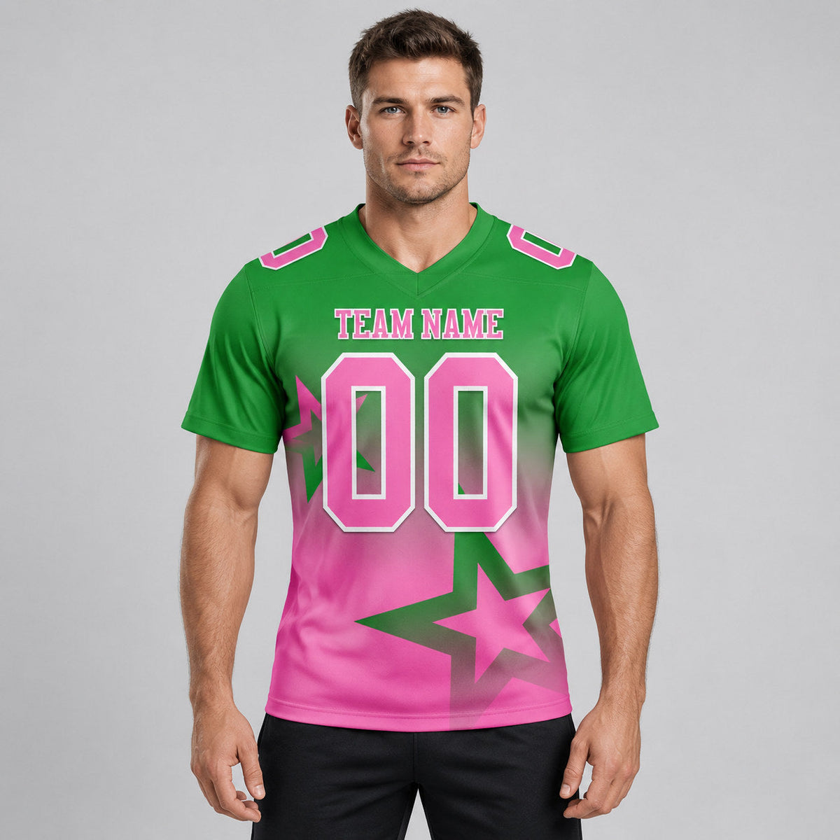 Custom Grass Green Gradient Twinkle Star Authentic Football Jersey with Pink and White Lettering worn by male model