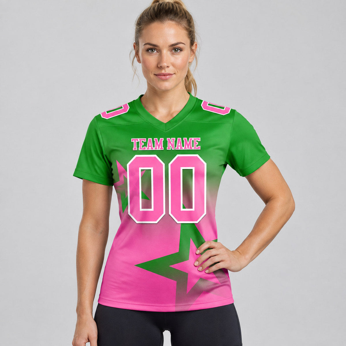 Custom Grass Green Gradient Twinkle Star Authentic Football Jersey with Pink and White Lettering worn by female model