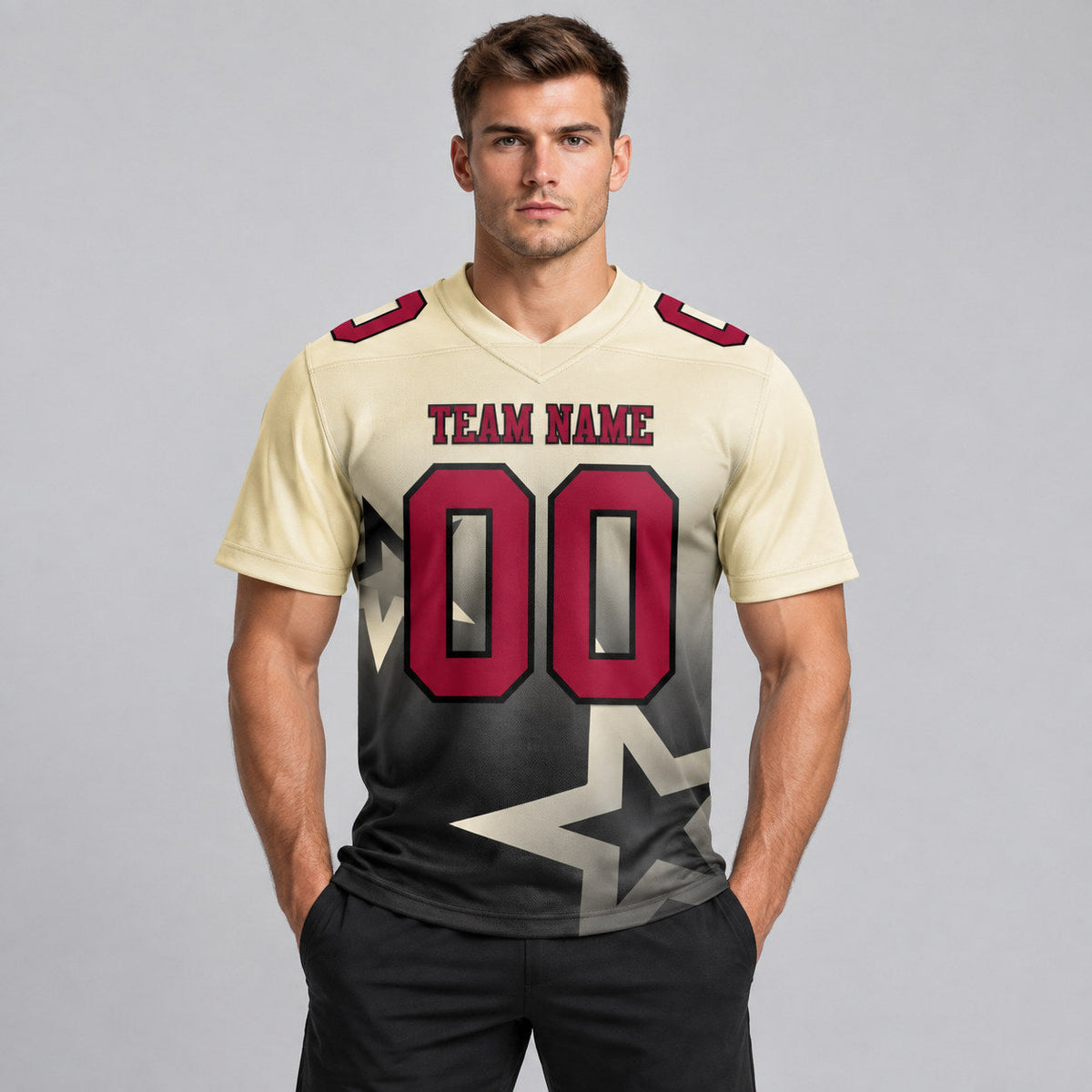 Custom Cream Gradient Twinkle Star Authentic Football Jersey with Crimson and Black Lettering worn by male model