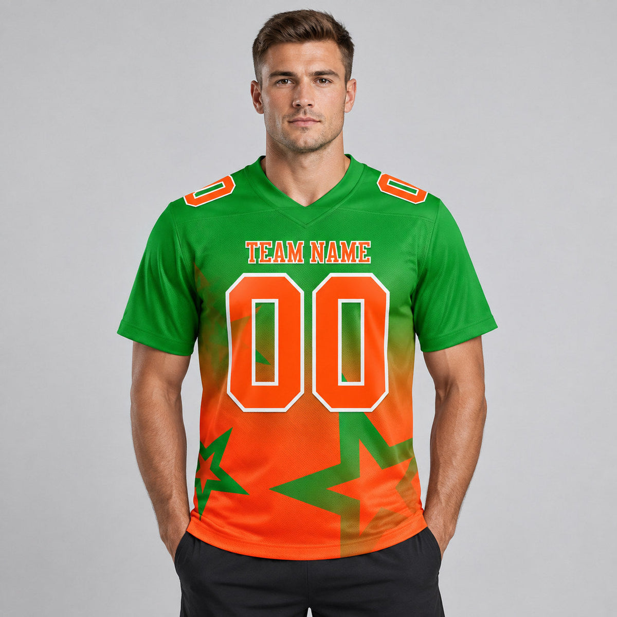 Custom Grass Green Gradient Twinkle Star Authentic Football Jersey with Orange and White Lettering worn by male model