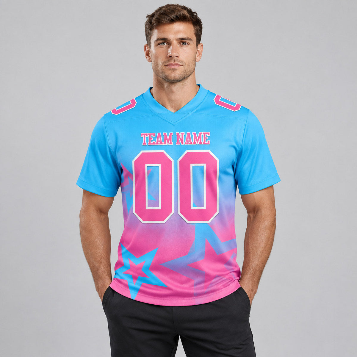 Custom Sky Blue Gradient Twinkle Star Authentic Football Jersey with Pink and White Lettering worn by male model
