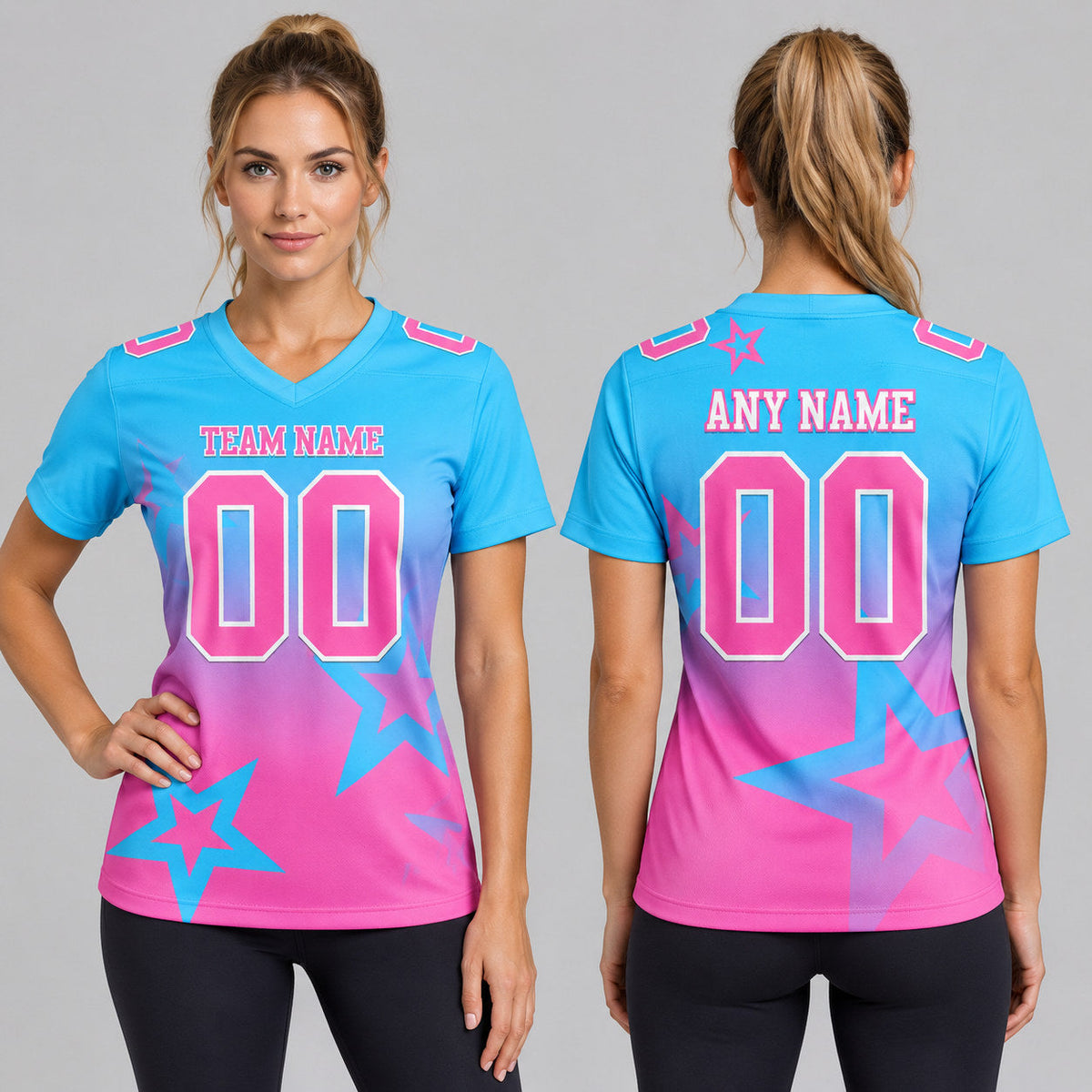 Custom Sky Blue Gradient Twinkle Star Authentic Football Jersey with Pink and White Lettering worn by female model