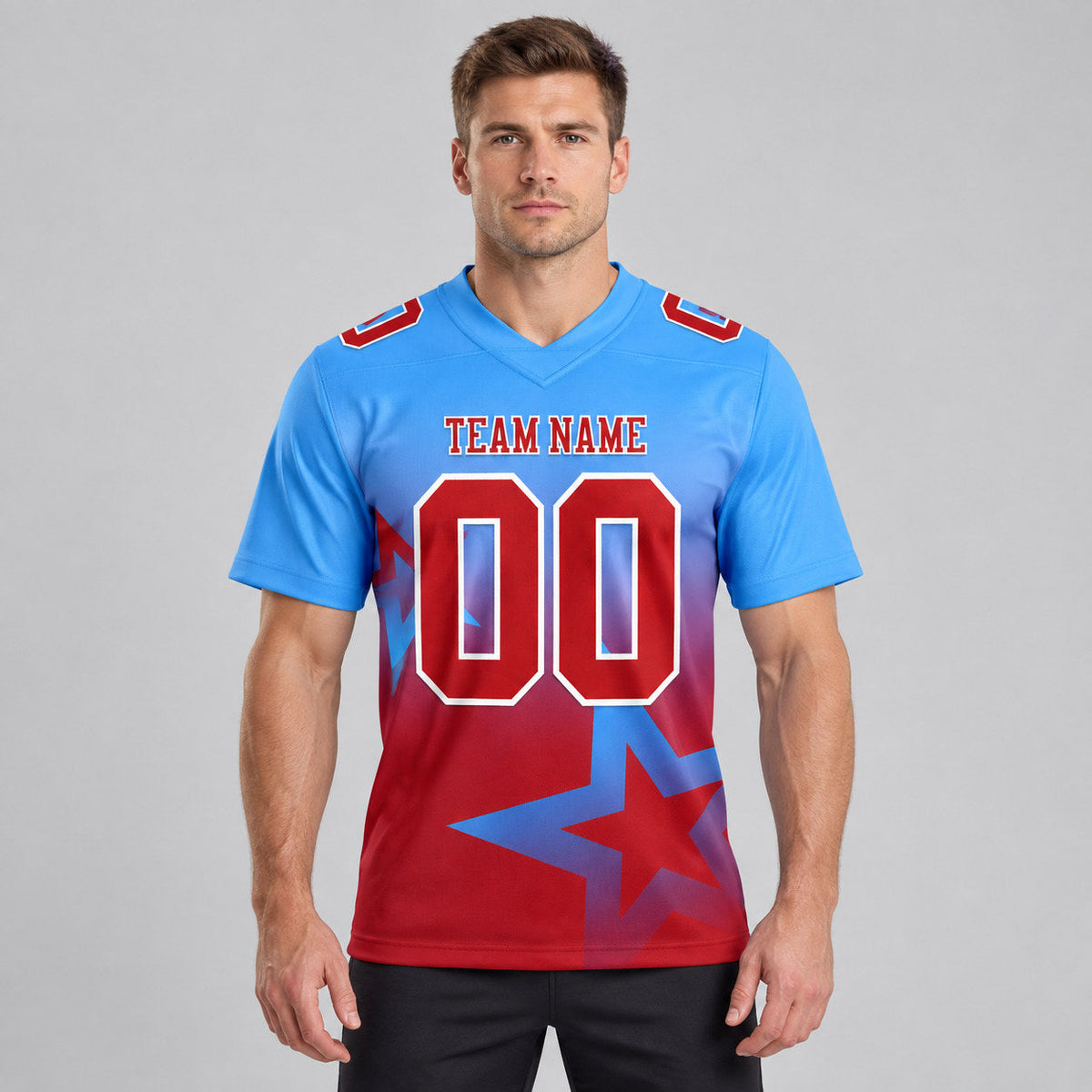 Custom Powder Blue Gradient Twinkle Star Authentic Football Jersey with Red and White Lettering worn by male model