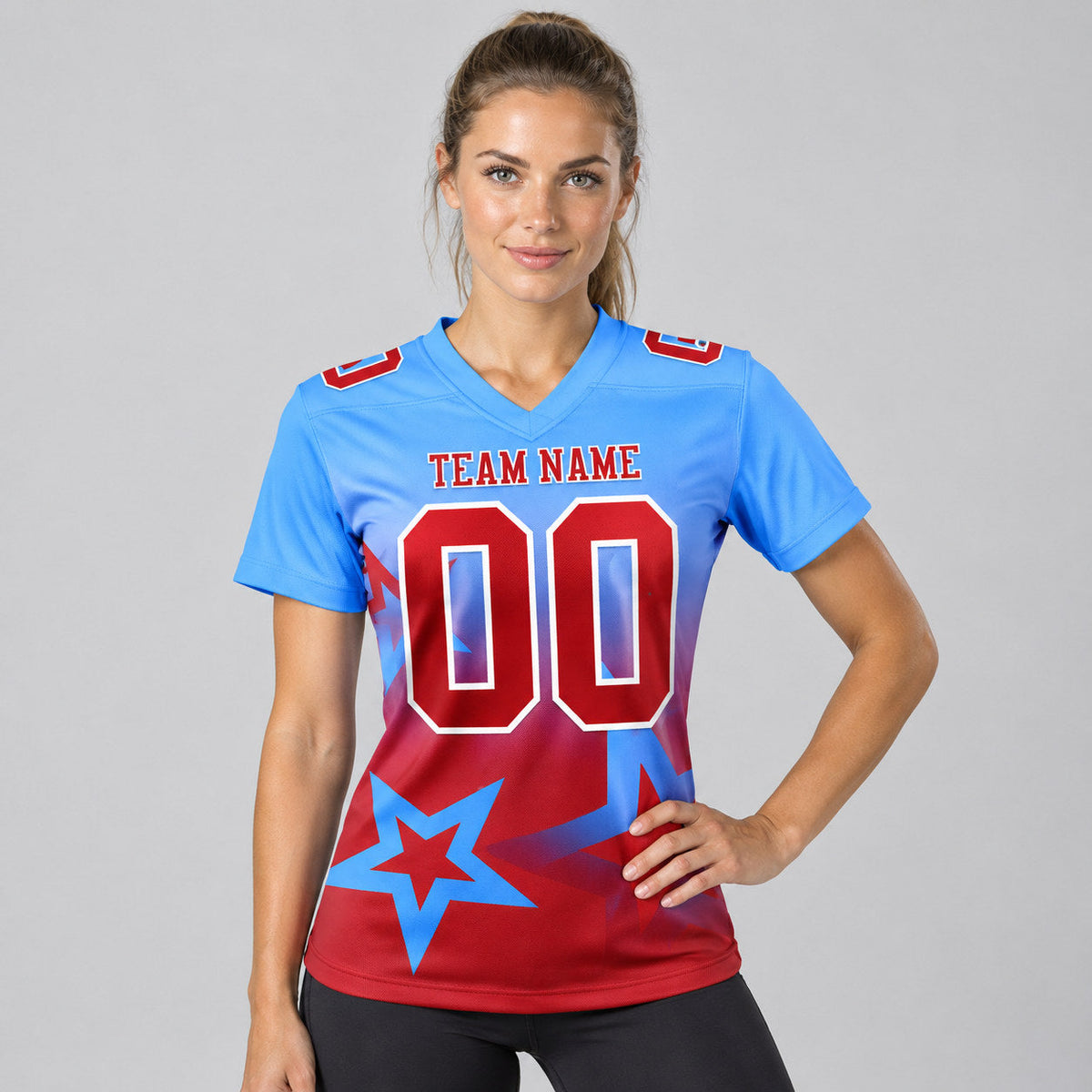 Custom Powder Blue Gradient Twinkle Star Authentic Football Jersey with Red and White Lettering worn by female model