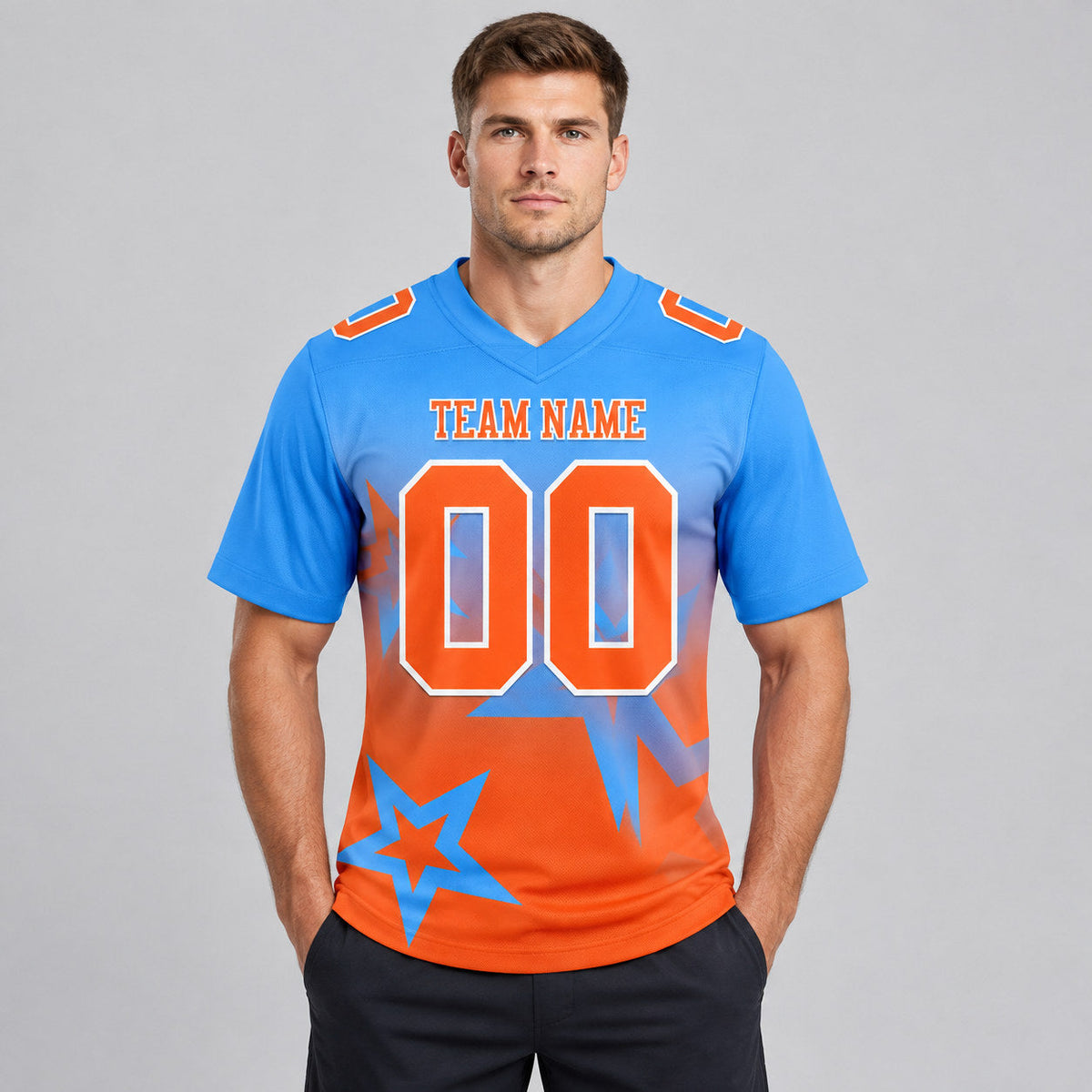 Custom Powder Blue Gradient Twinkle Star Authentic Football Jersey with Orange and White Lettering worn by male model