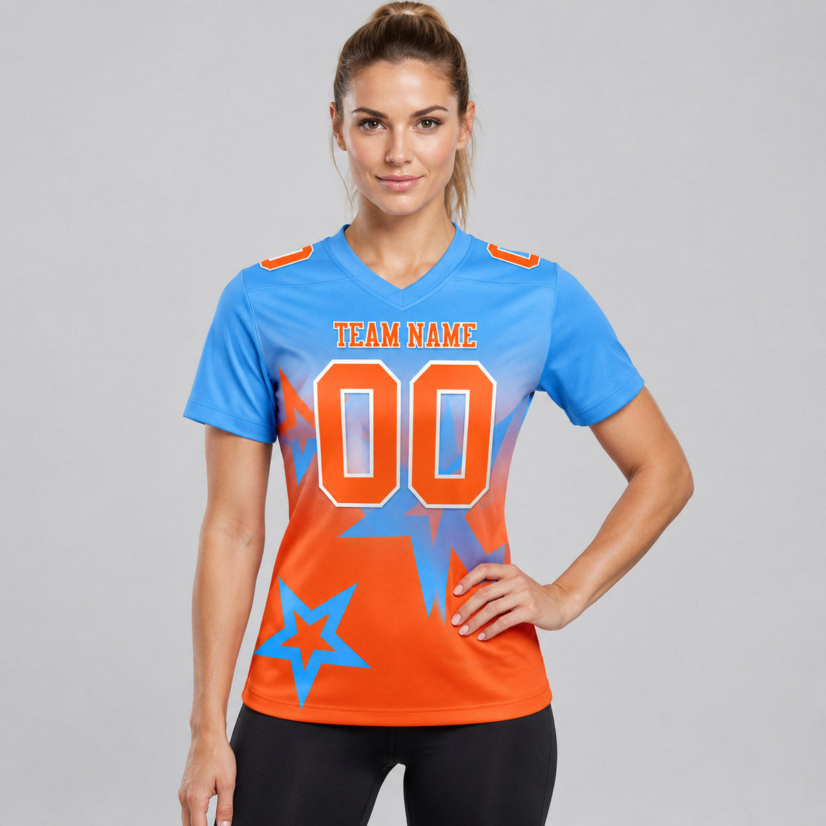 Custom Powder Blue Gradient Twinkle Star Authentic Football Jersey with Orange and White Lettering worn by female model