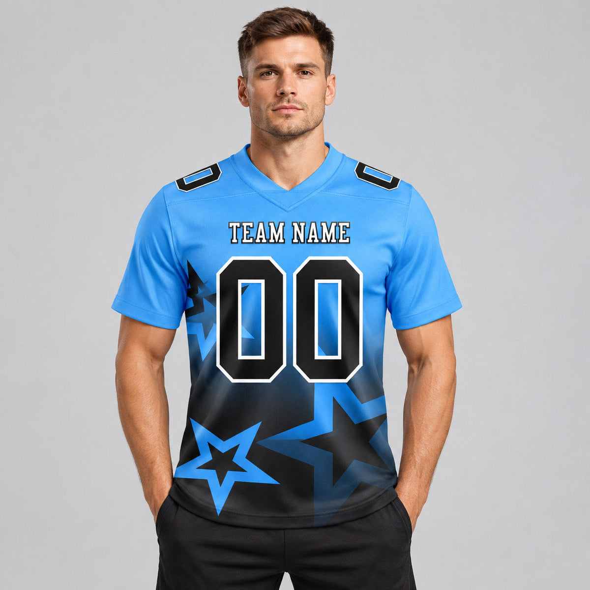 Custom Powder Blue Gradient Twinkle Star Authentic Football Jersey with Black and White Lettering worn by male model
