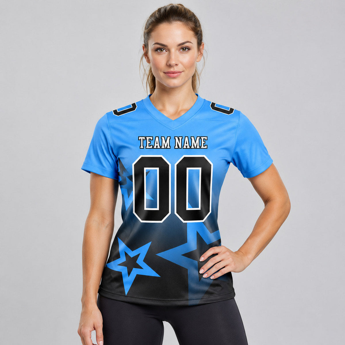 Custom Powder Blue Gradient Twinkle Star Authentic Football Jersey with Black and White Lettering worn by female model