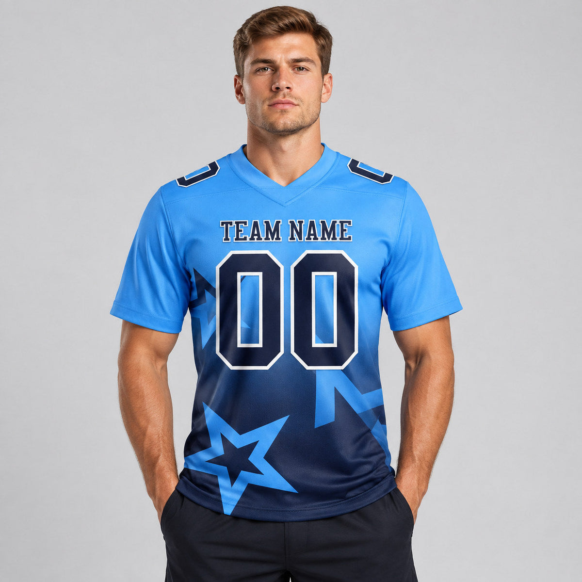 Custom Powder Blue Gradient Twinkle Star Authentic Football Jersey with Navy and White Lettering worn by male model