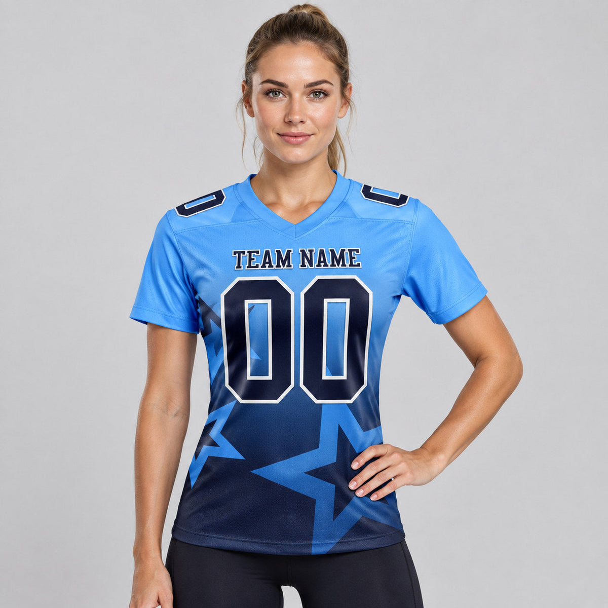 Custom Powder Blue Gradient Twinkle Star Authentic Football Jersey with Navy and White Lettering worn by female model