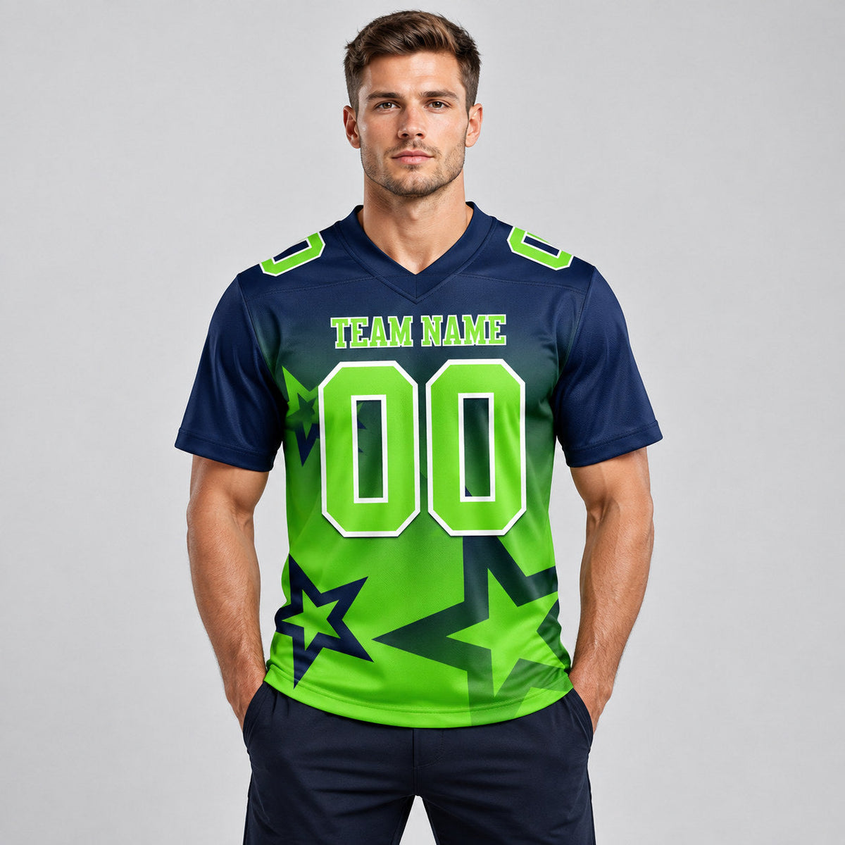 Custom Navy Gradient Twinkle Star Authentic Football Jersey with Neon Green and White Lettering worn by male model