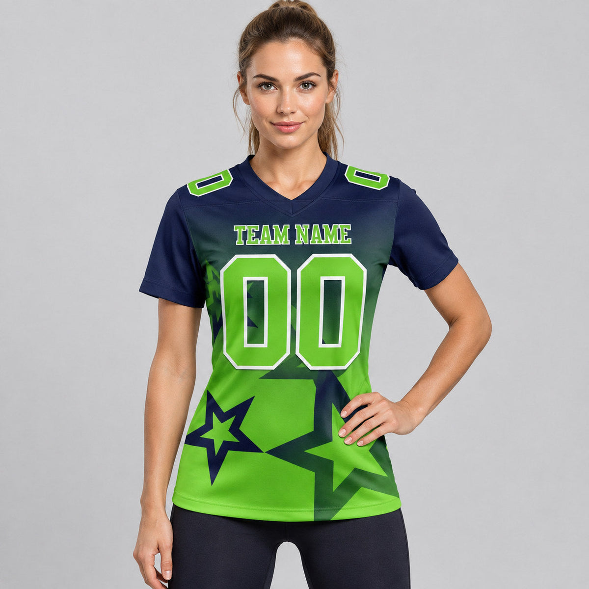 Custom Navy Gradient Twinkle Star Authentic Football Jersey with Neon Green and White Lettering worn by female model