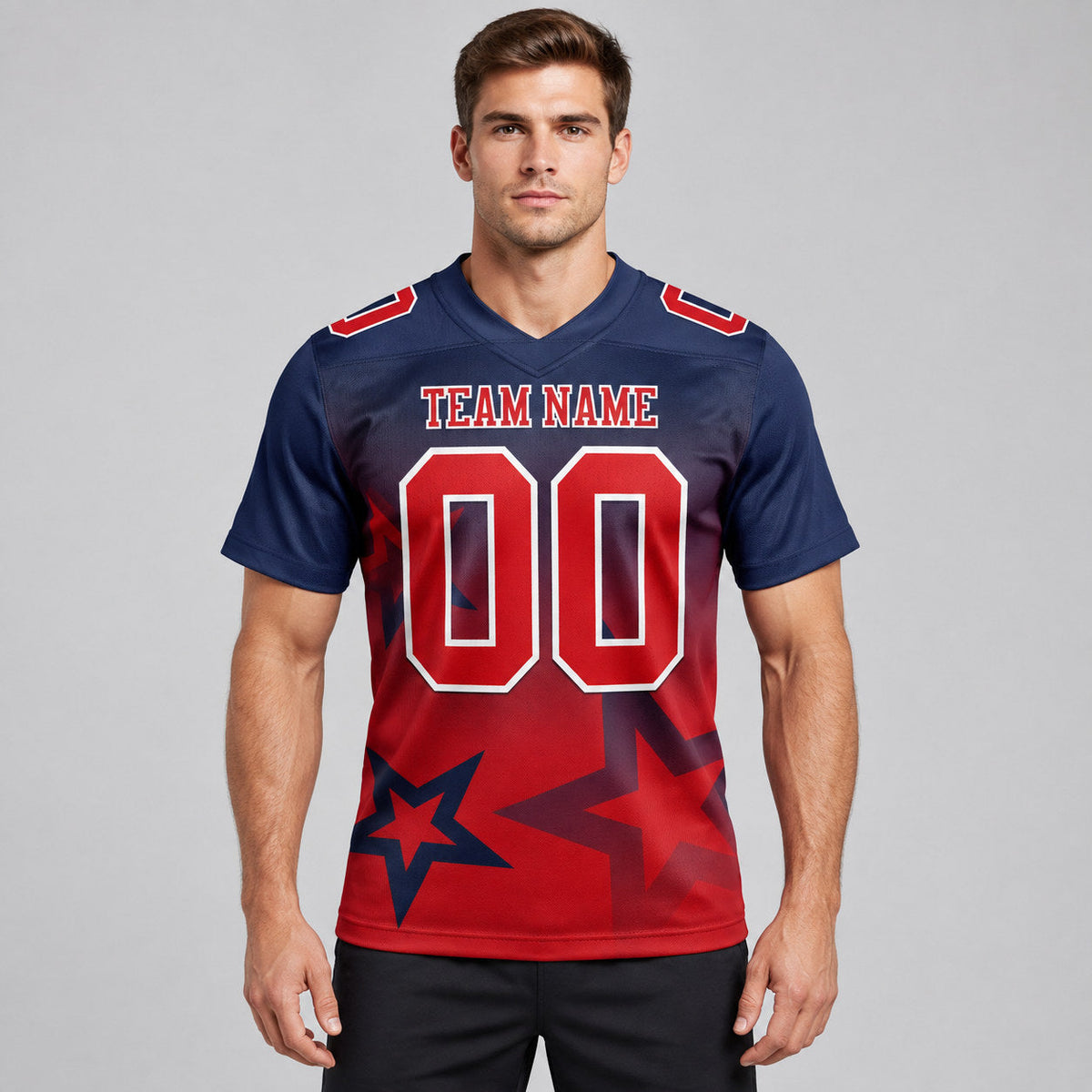 Custom Navy Gradient Twinkle Star Authentic Football Jersey with Red and White Lettering worn by male model