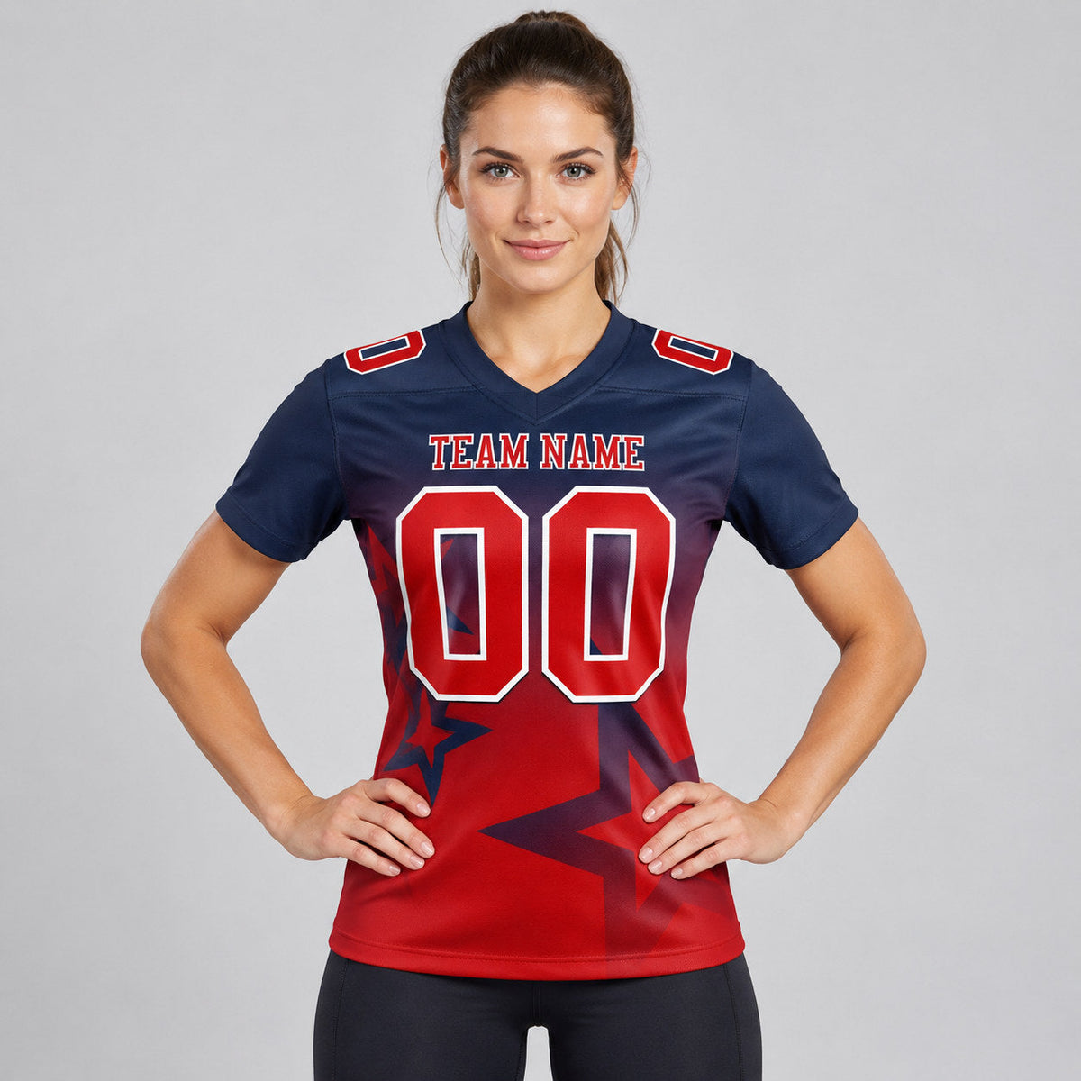 Custom Navy Gradient Twinkle Star Authentic Football Jersey with Red and White Lettering worn by female model