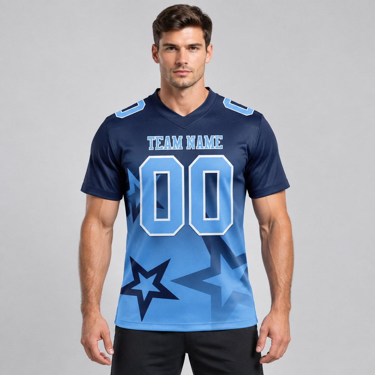Custom Navy Gradient Twinkle Star Authentic Football Jersey with Light Blue and White Lettering worn by male model