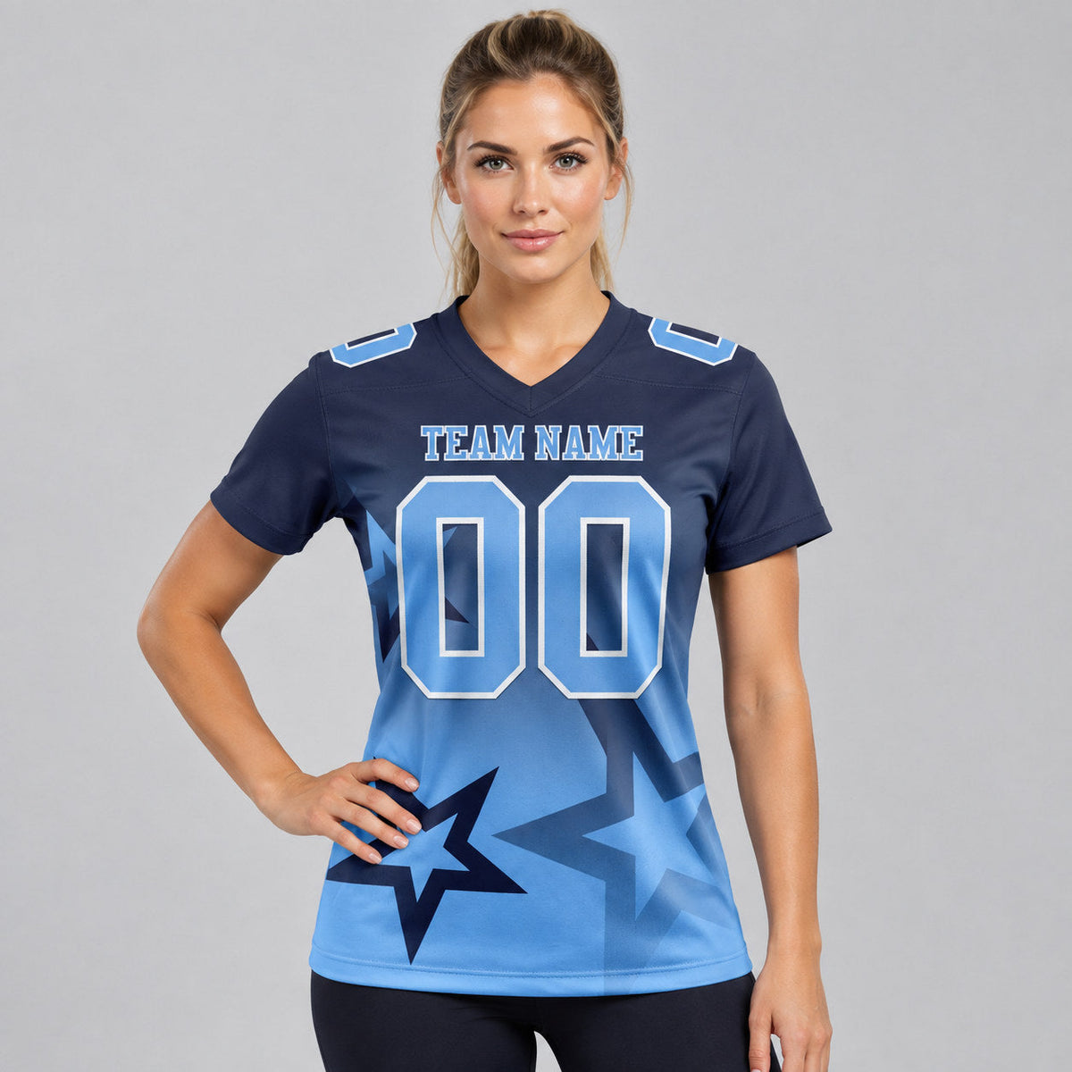 Custom Navy Gradient Twinkle Star Authentic Football Jersey with Light Blue and White Lettering worn by female model