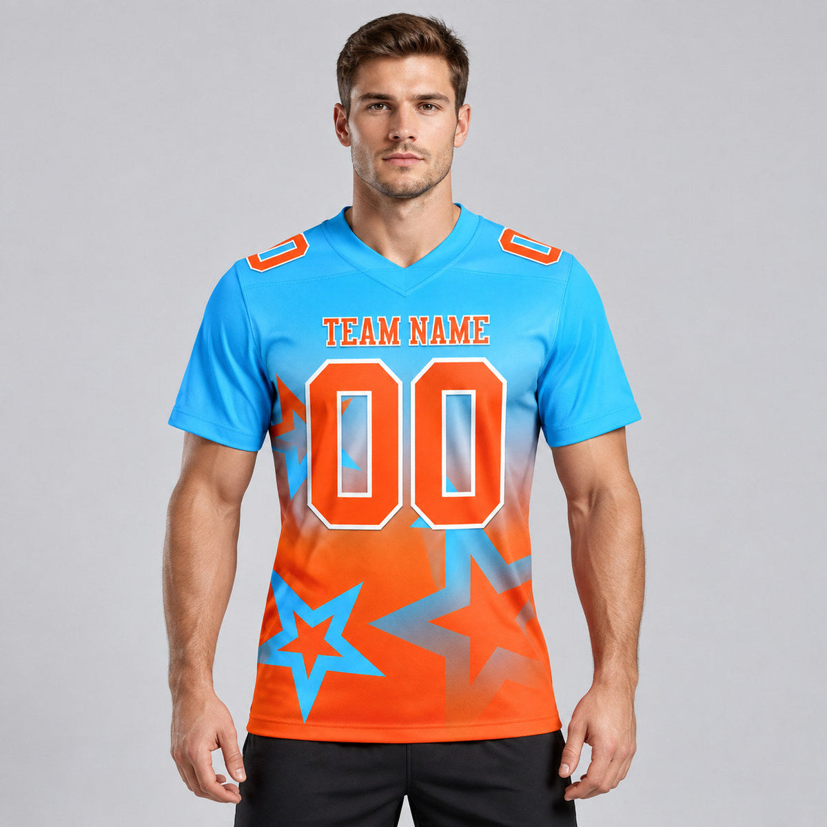 Custom Sky Blue Gradient Twinkle Star Authentic Football Jersey with Orange and White Lettering worn by male model