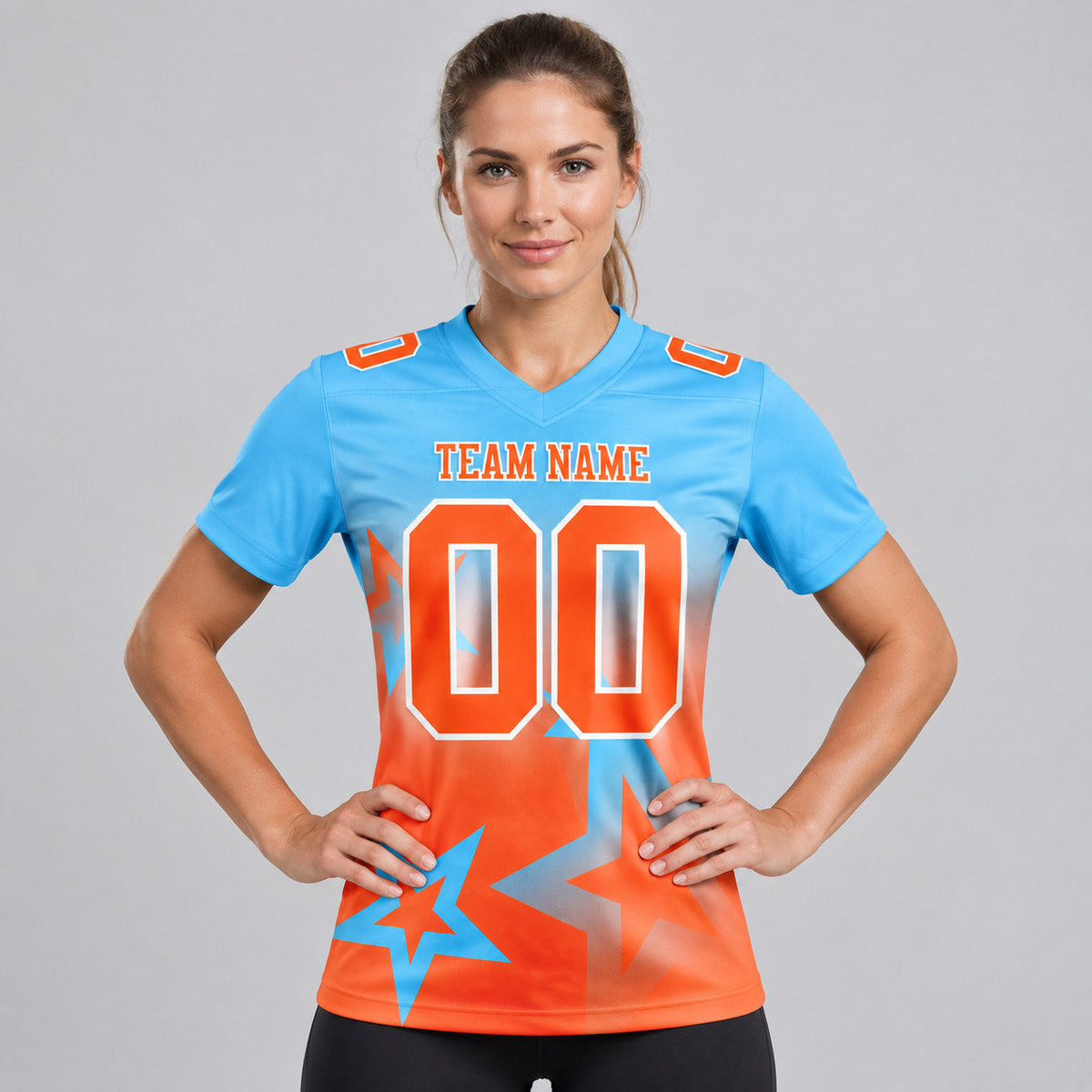 Custom Sky Blue Gradient Twinkle Star Authentic Football Jersey with Orange and White Lettering worn by female model