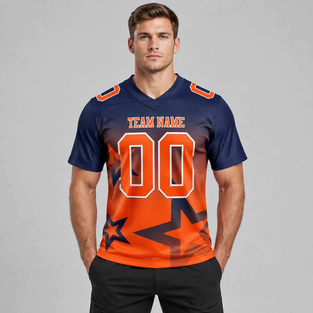 Custom Navy Gradient Twinkle Star Authentic Football Jersey with Orange and White Lettering worn by male model