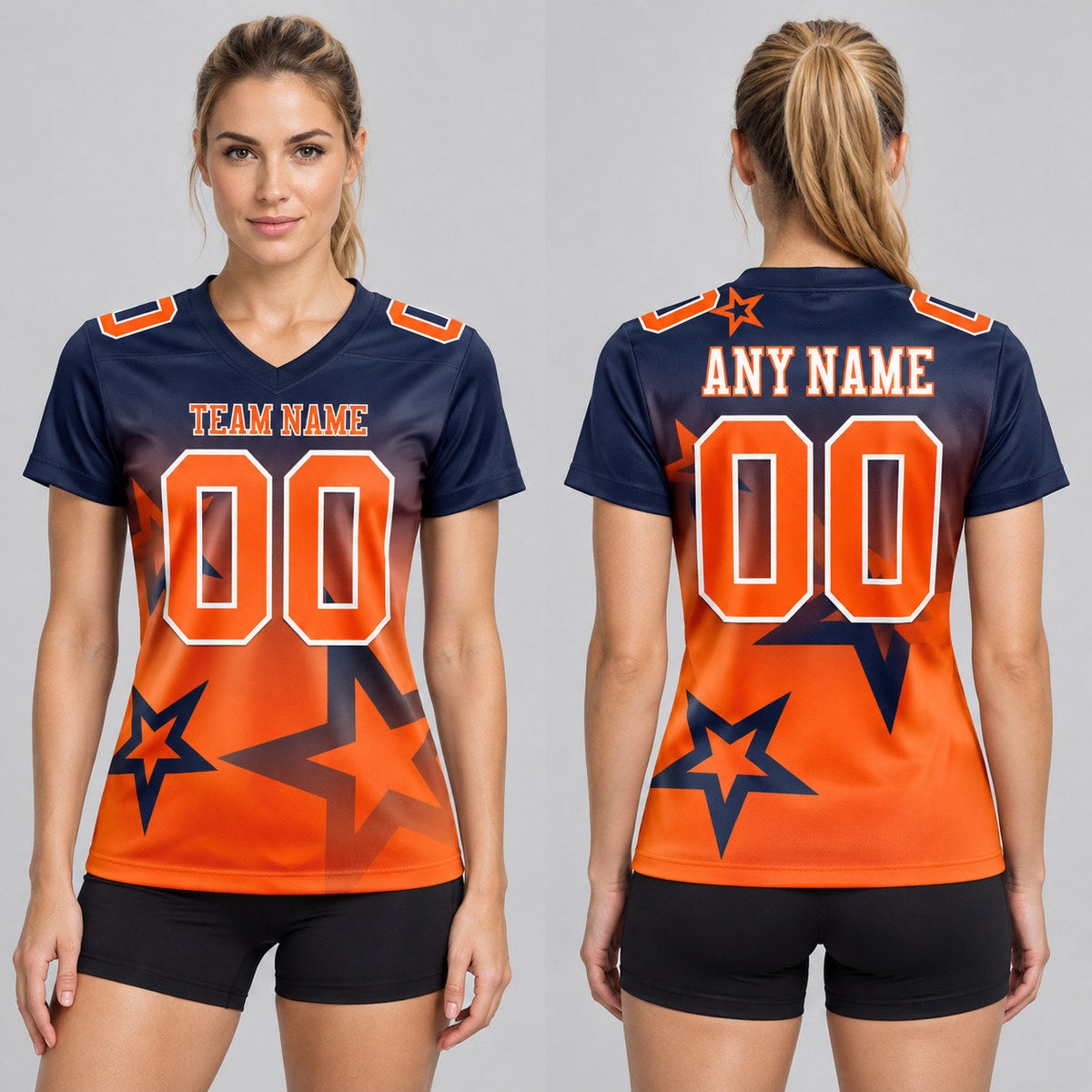 Custom Navy Gradient Twinkle Star Authentic Football Jersey with Orange and White Lettering worn by female model