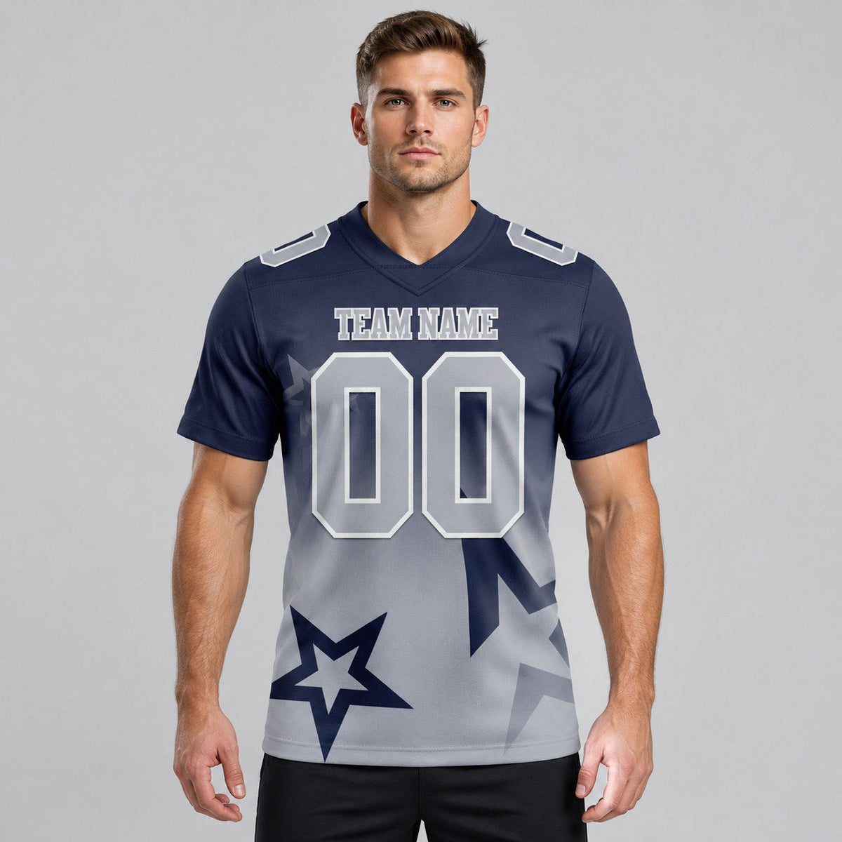 Custom Navy Gradient Twinkle Star Authentic Football Jersey with Gray and White Lettering worn by male model