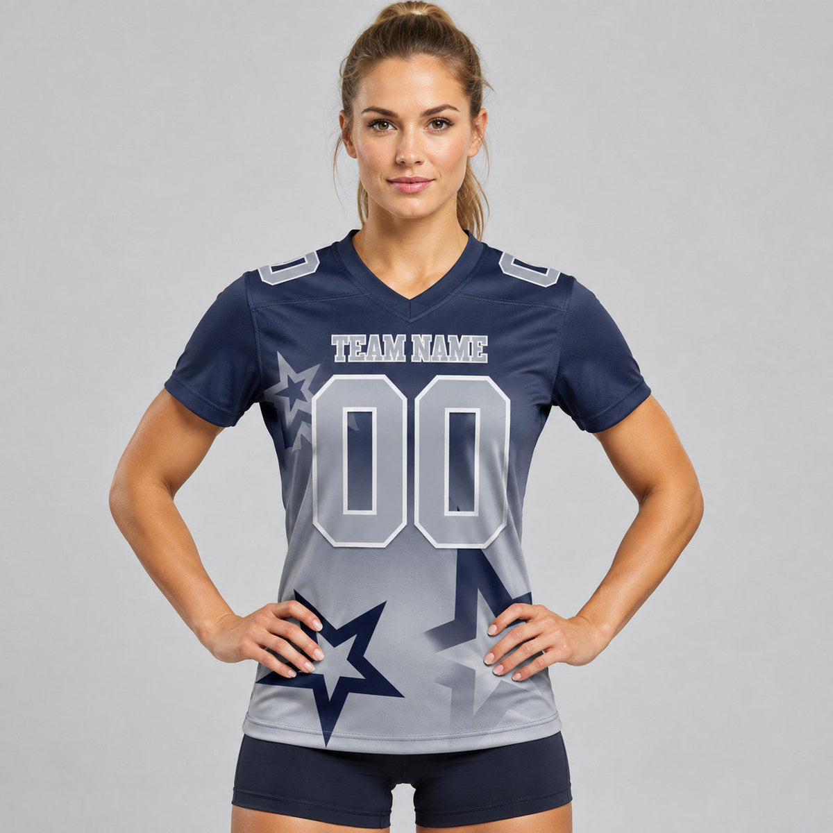 Custom Navy Gradient Twinkle Star Authentic Football Jersey with Gray and White Lettering worn by female model