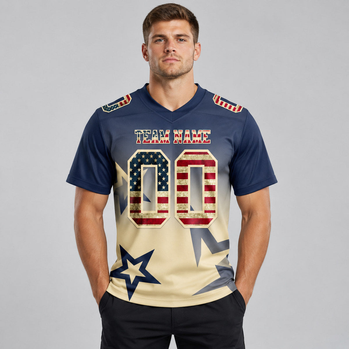 Custom Navy Vintage USA Flag Gradient Twinkle Authentic Football Jersey with Cream Lettering worn by male model