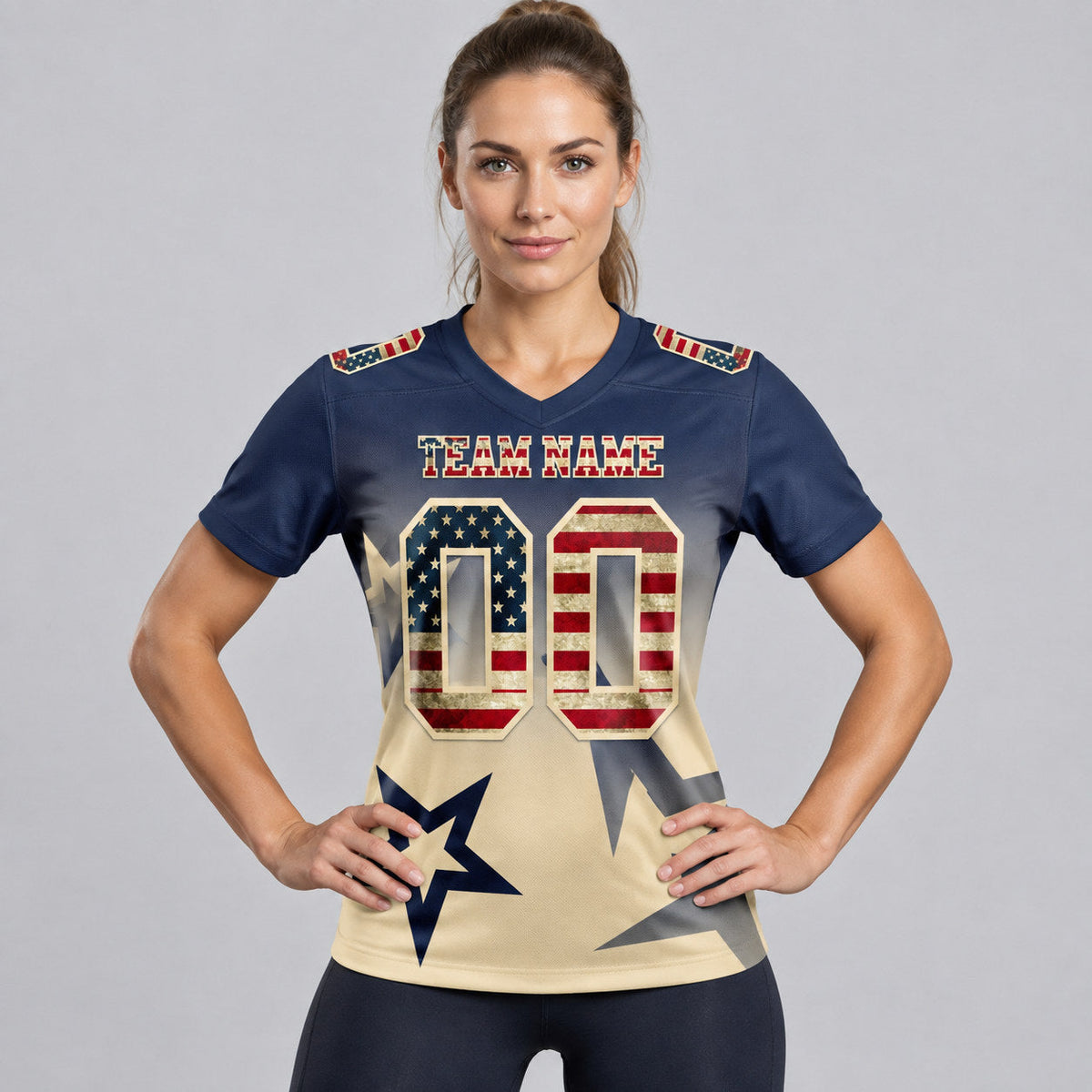 Custom Navy Vintage USA Flag Gradient Twinkle Authentic Football Jersey with Cream Lettering worn by female model