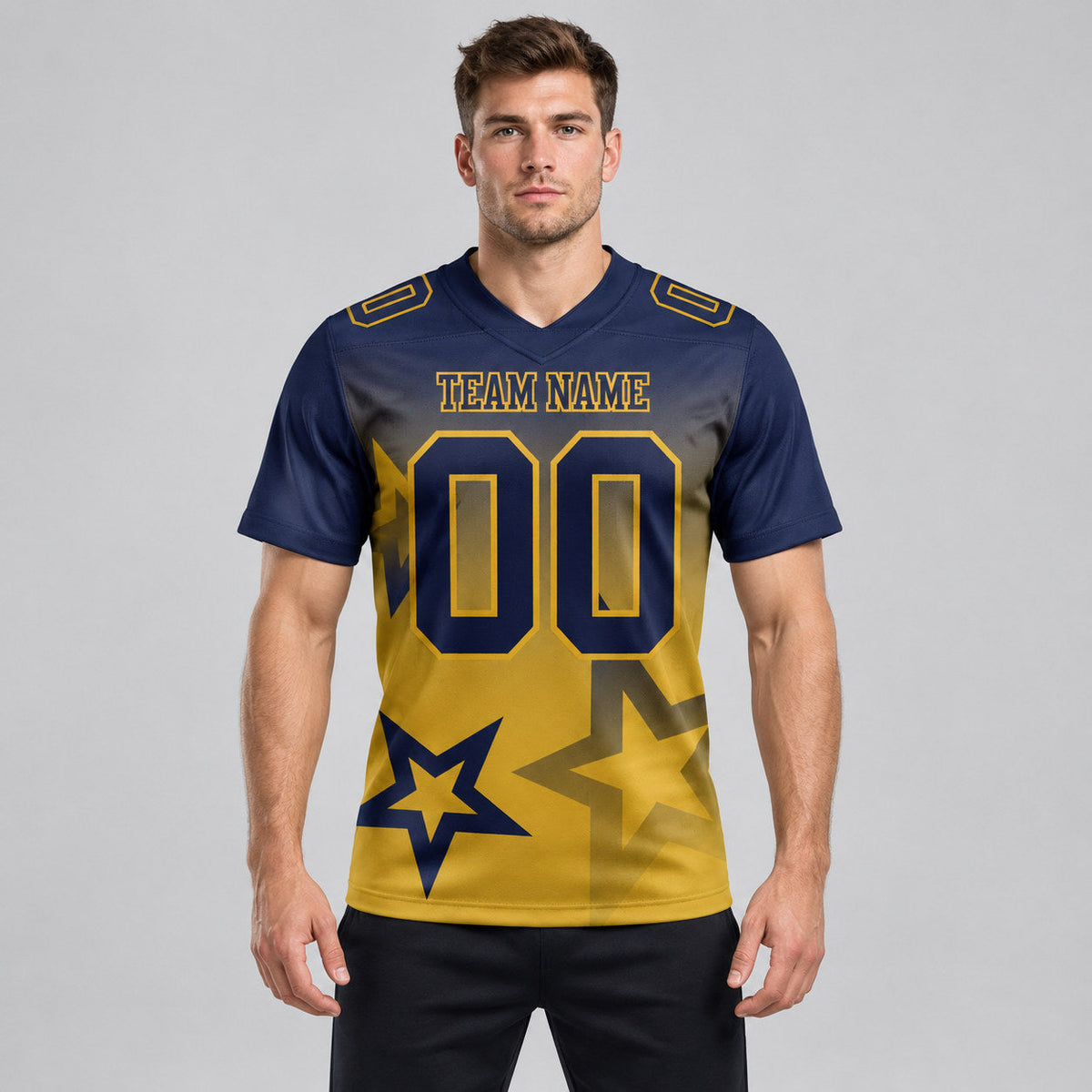 Custom Navy and Old Gold Gradient Twinkle Star Authentic Football Jersey worn by male model